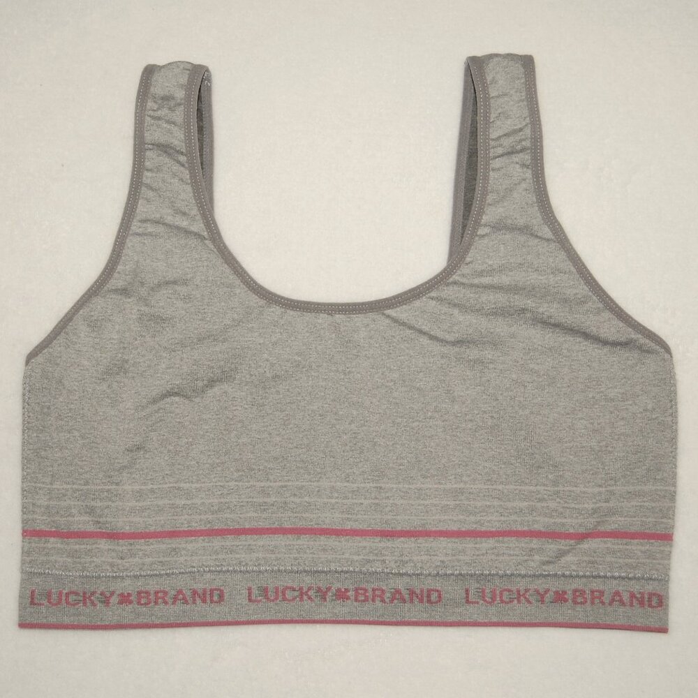 Lucky Brand Sports Bra, Women Size 2X, Light Gray with Cream & Maroon Details